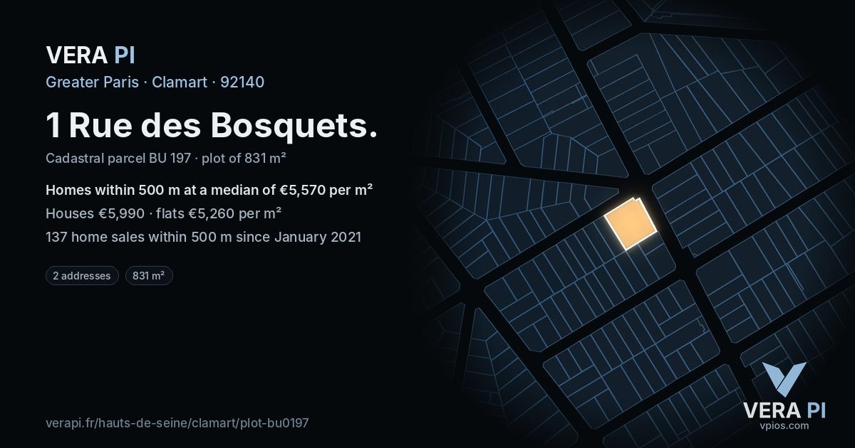 1 Rue des Bosquets, Clamart at night – the plot lit, the parcels around coloured by the prices near them