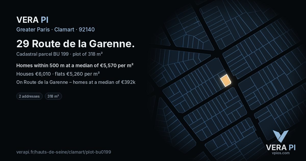 29 Route de la Garenne, Clamart at night – the plot lit, the parcels around coloured by the prices near them