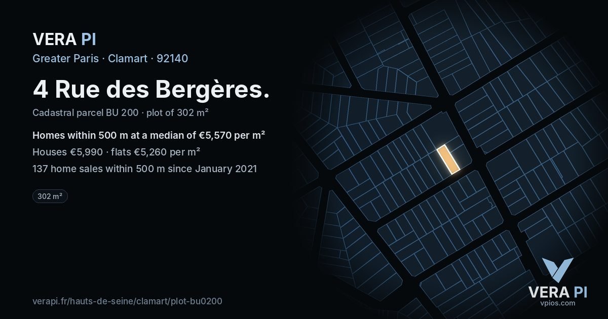4 Rue des Bergères, Clamart at night – the plot lit, the parcels around coloured by the prices near them