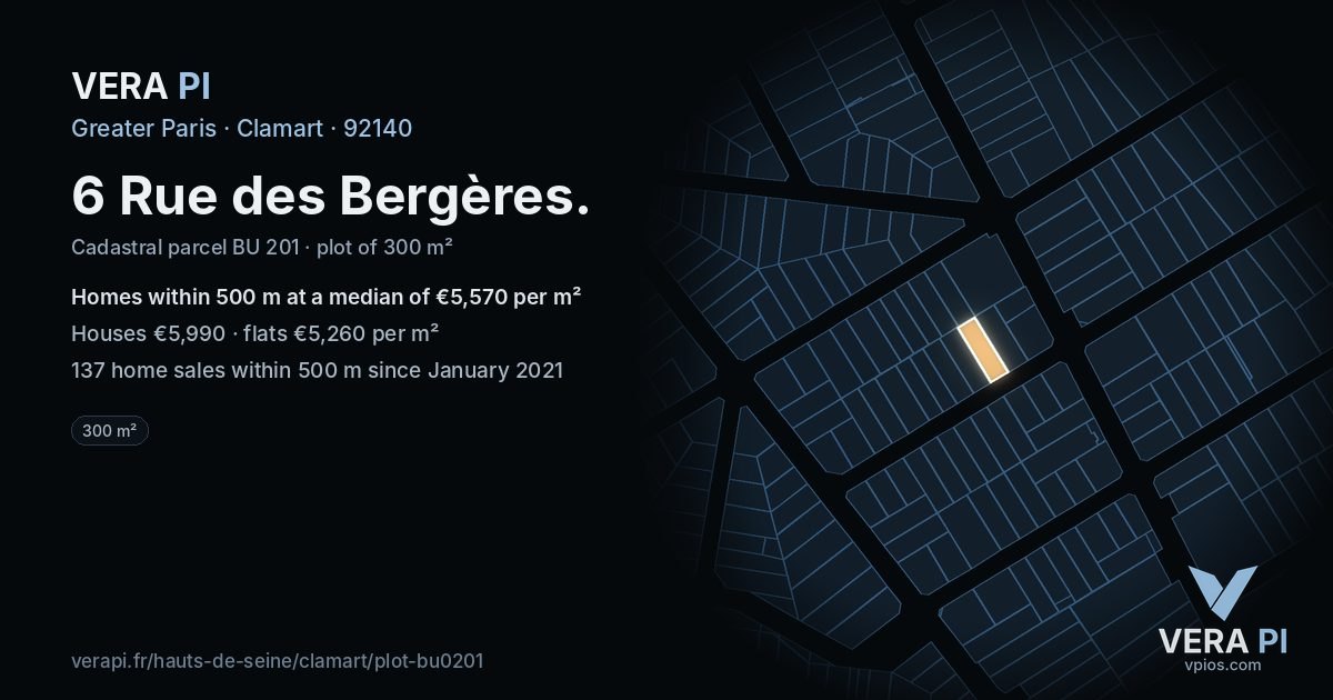 6 Rue des Bergères, Clamart at night – the plot lit, the parcels around coloured by the prices near them