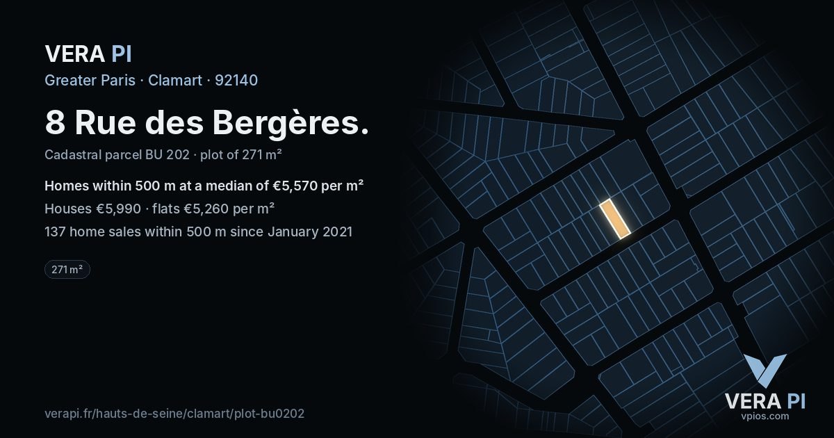 8 Rue des Bergères, Clamart at night – the plot lit, the parcels around coloured by the prices near them