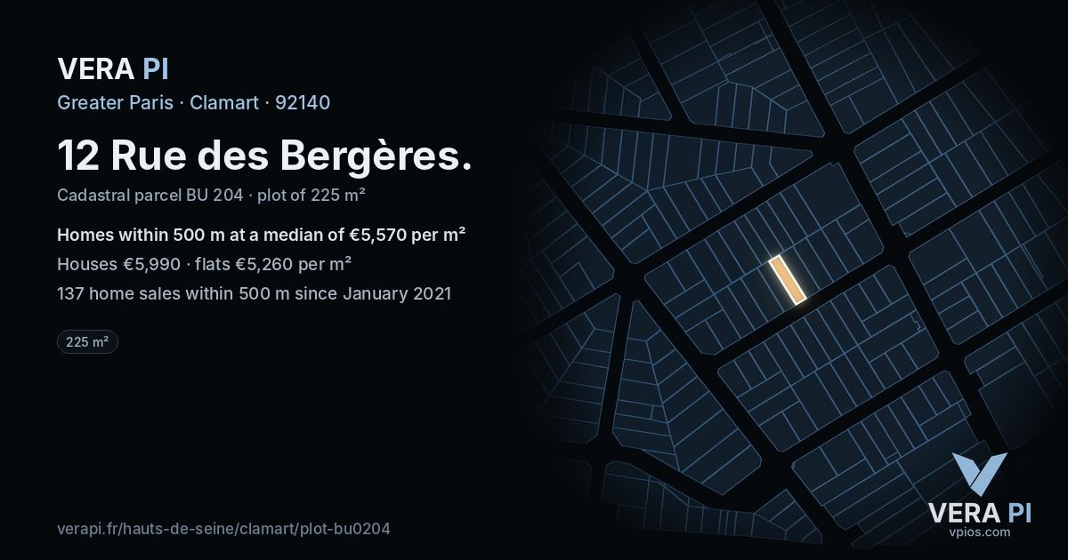 12 Rue des Bergères, Clamart at night – the plot lit, the parcels around coloured by the prices near them