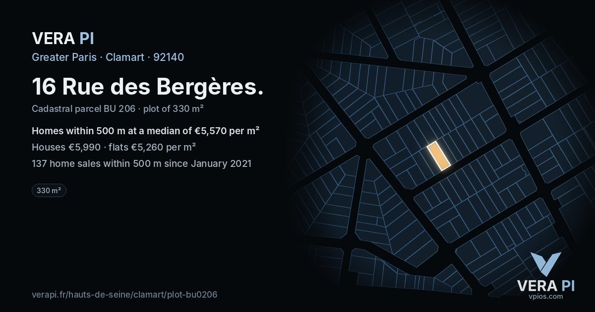 16 Rue des Bergères, Clamart at night – the plot lit, the parcels around coloured by the prices near them