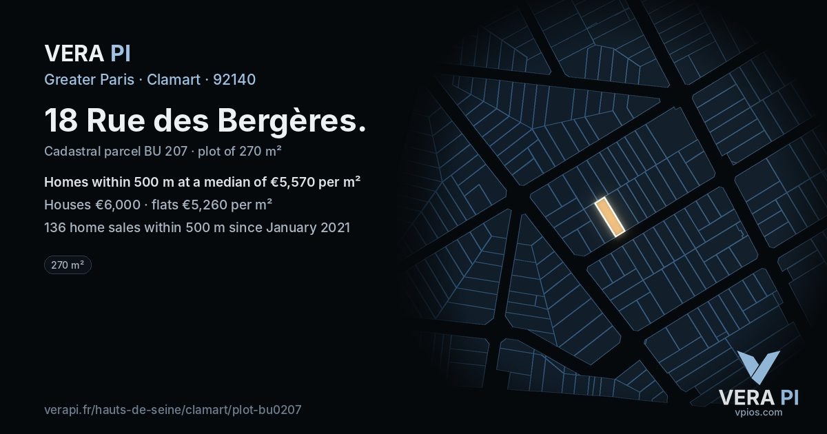 18 Rue des Bergères, Clamart at night – the plot lit, the parcels around coloured by the prices near them