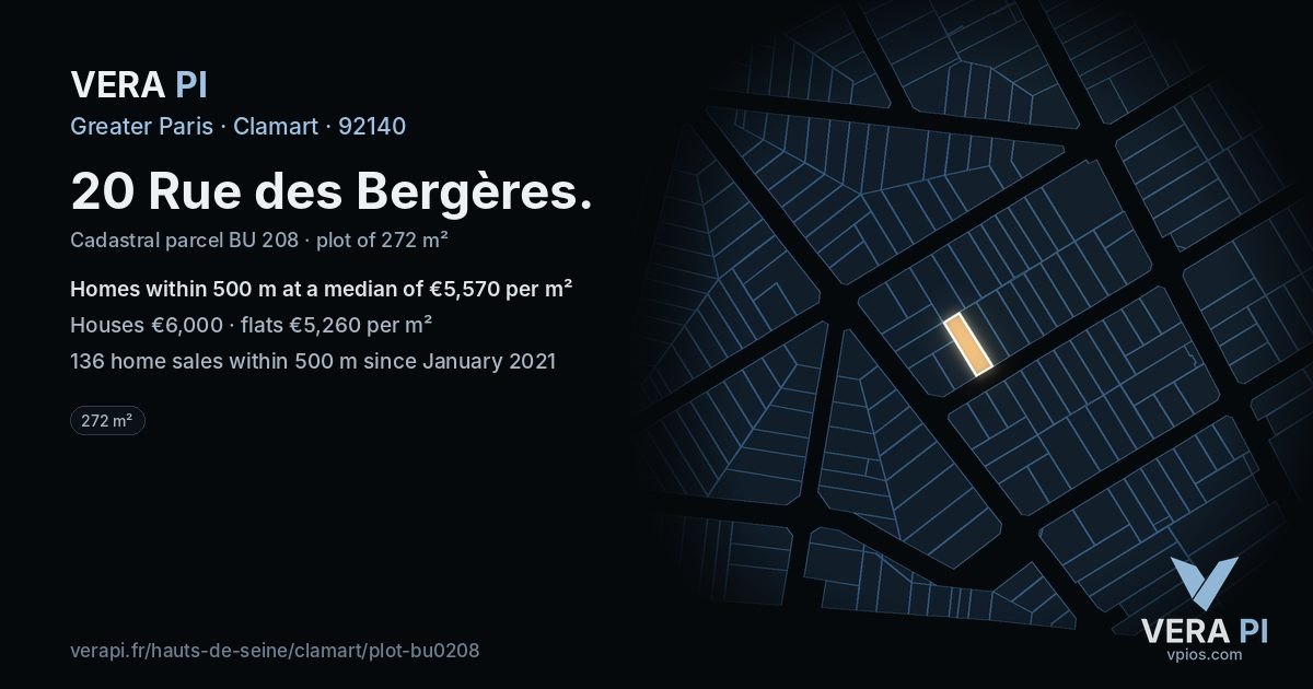 20 Rue des Bergères, Clamart at night – the plot lit, the parcels around coloured by the prices near them