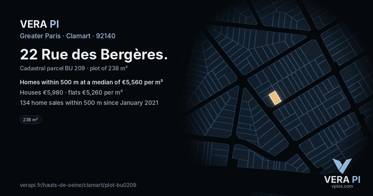 22 Rue des Bergères, Clamart at night – the plot lit, the parcels around coloured by the prices near them