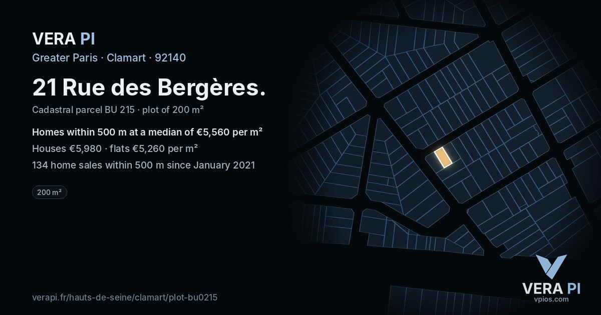 21 Rue des Bergères, Clamart at night – the plot lit, the parcels around coloured by the prices near them