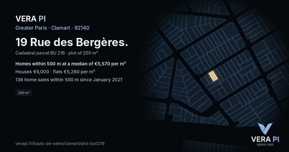19 Rue des Bergères, Clamart at night – the plot lit, the parcels around coloured by the prices near them