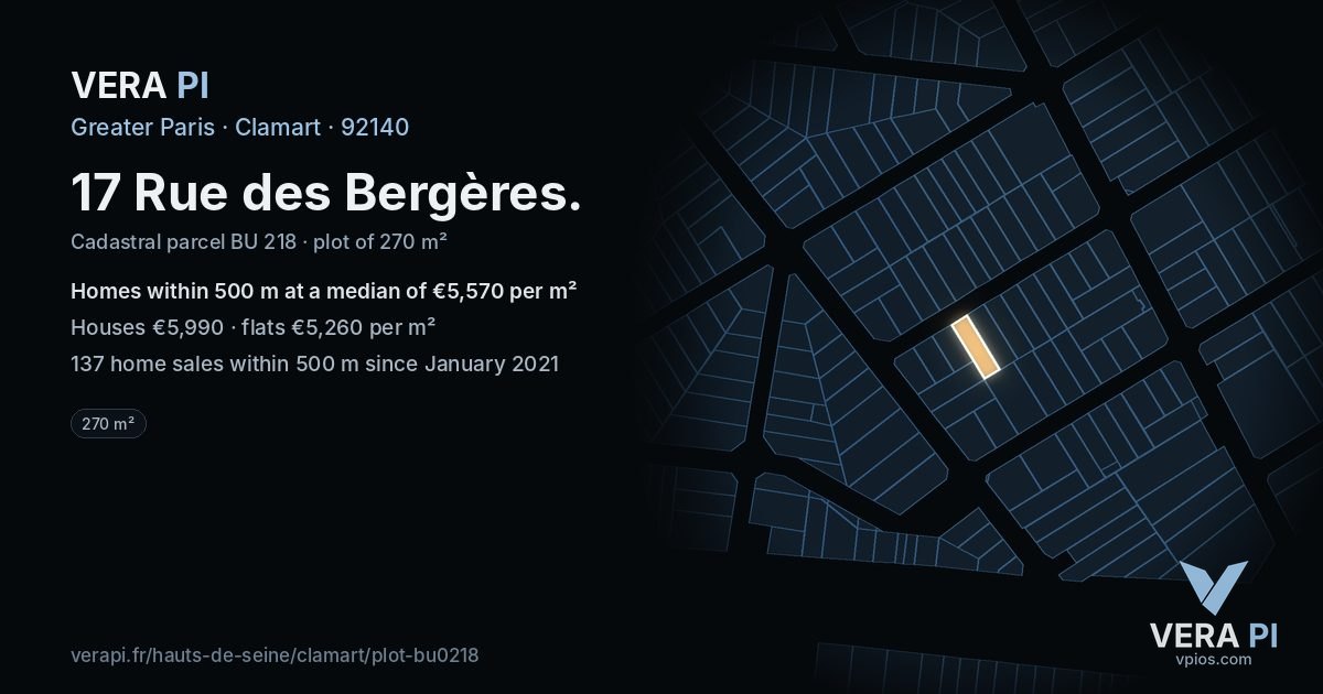 17 Rue des Bergères, Clamart at night – the plot lit, the parcels around coloured by the prices near them