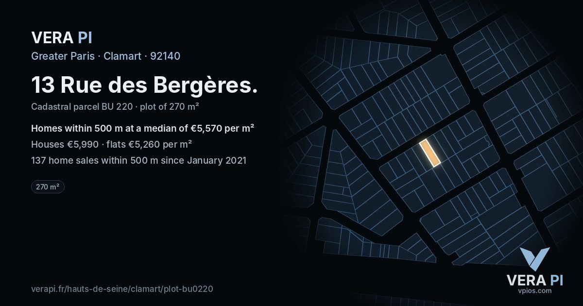 13 Rue des Bergères, Clamart at night – the plot lit, the parcels around coloured by the prices near them