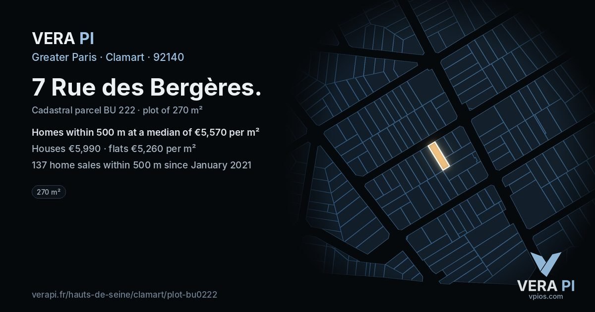 7 Rue des Bergères, Clamart at night – the plot lit, the parcels around coloured by the prices near them