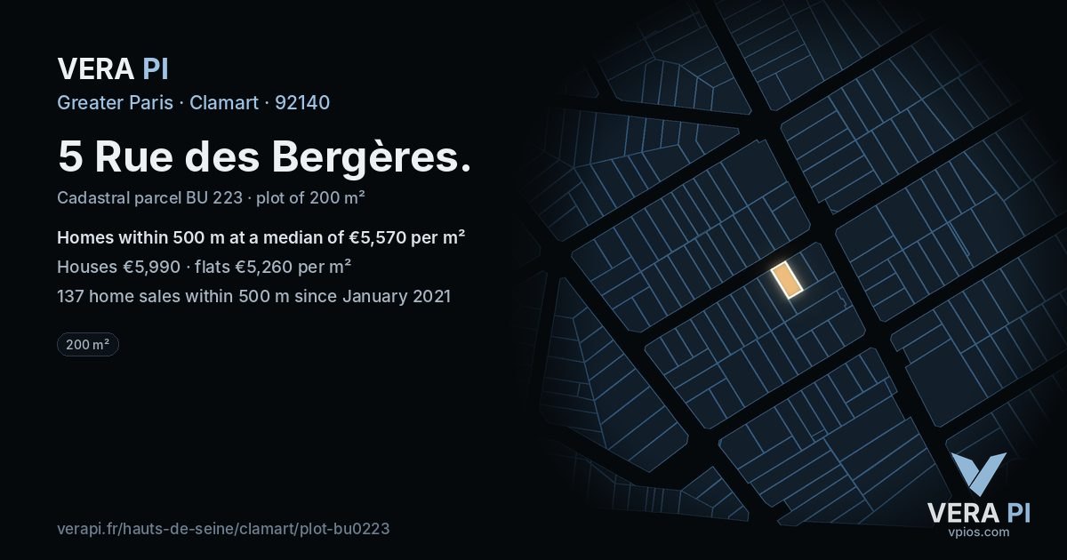 5 Rue des Bergères, Clamart at night – the plot lit, the parcels around coloured by the prices near them