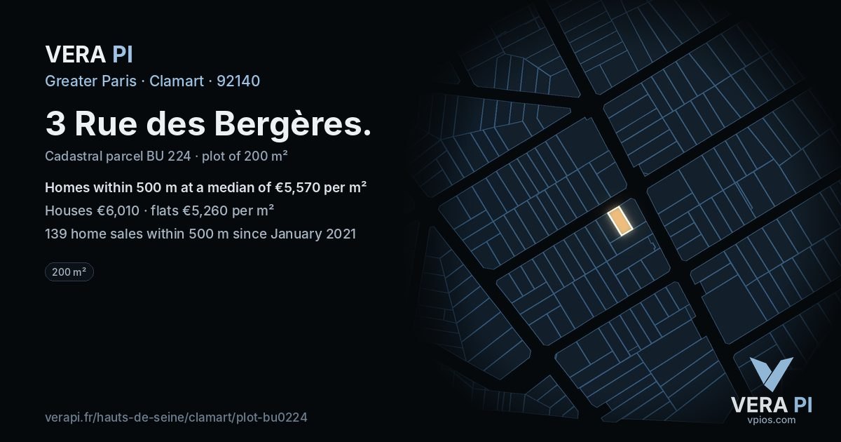 3 Rue des Bergères, Clamart at night – the plot lit, the parcels around coloured by the prices near them