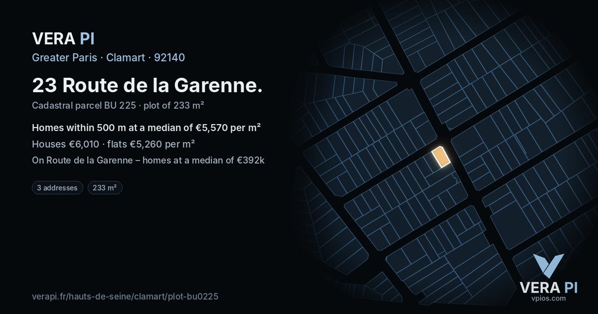 23 Route de la Garenne, Clamart at night – the plot lit, the parcels around coloured by the prices near them