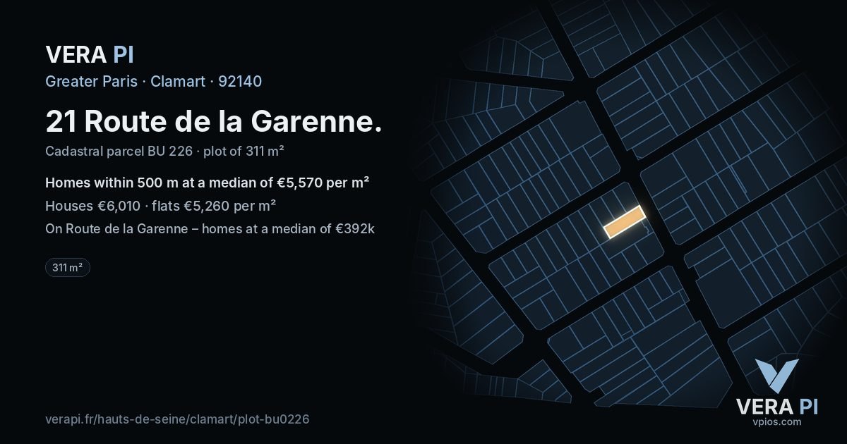 21 Route de la Garenne, Clamart at night – the plot lit, the parcels around coloured by the prices near them