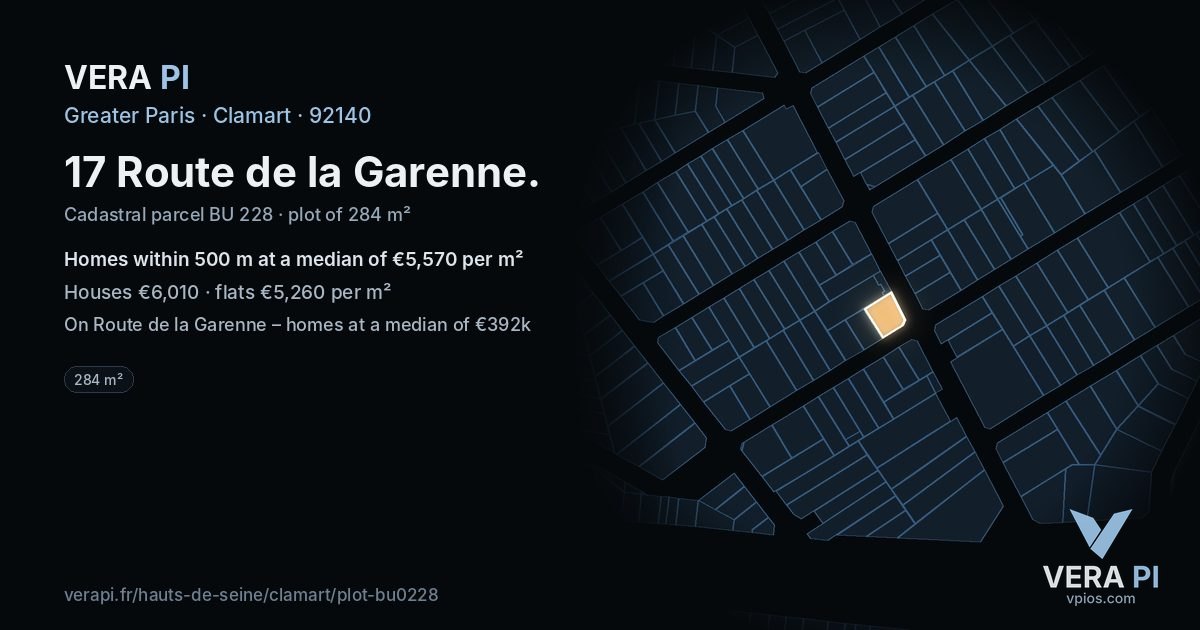 17 Route de la Garenne, Clamart at night – the plot lit, the parcels around coloured by the prices near them