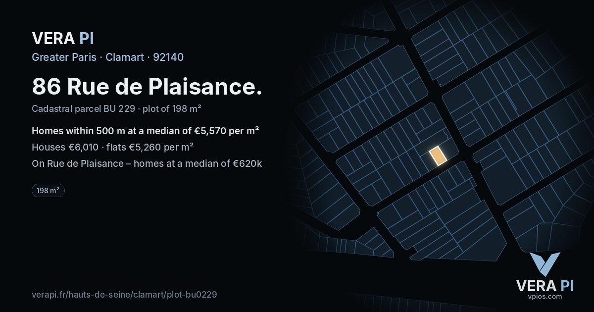 86 Rue de Plaisance, Clamart at night – the plot lit, the parcels around coloured by the prices near them