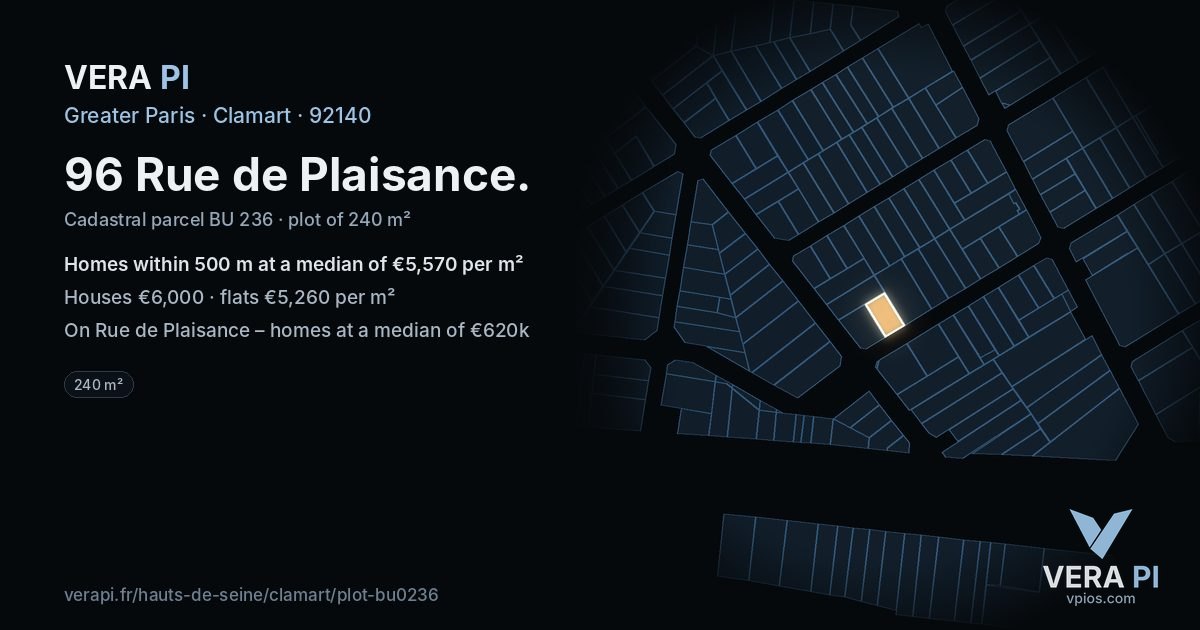 96 Rue de Plaisance, Clamart at night – the plot lit, the parcels around coloured by the prices near them