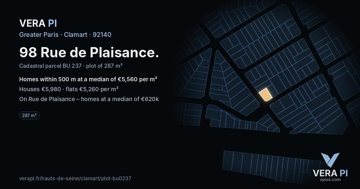 98 Rue de Plaisance, Clamart at night – the plot lit, the parcels around coloured by the prices near them