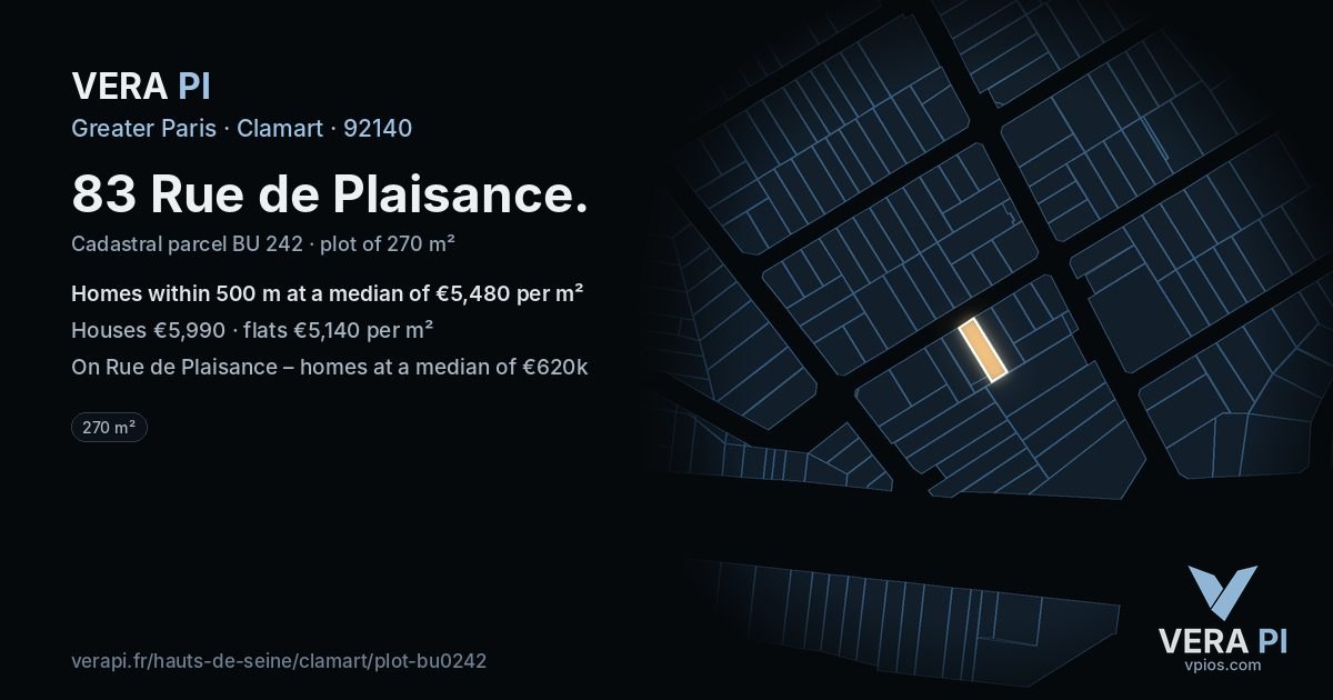 83 Rue de Plaisance, Clamart at night – the plot lit, the parcels around coloured by the prices near them