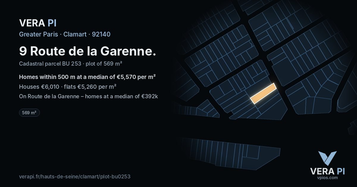 9 Route de la Garenne, Clamart at night – the plot lit, the parcels around coloured by the prices near them