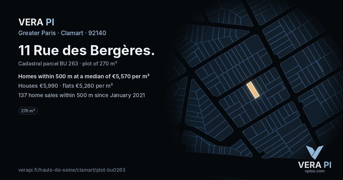 11 Rue des Bergères, Clamart at night – the plot lit, the parcels around coloured by the prices near them
