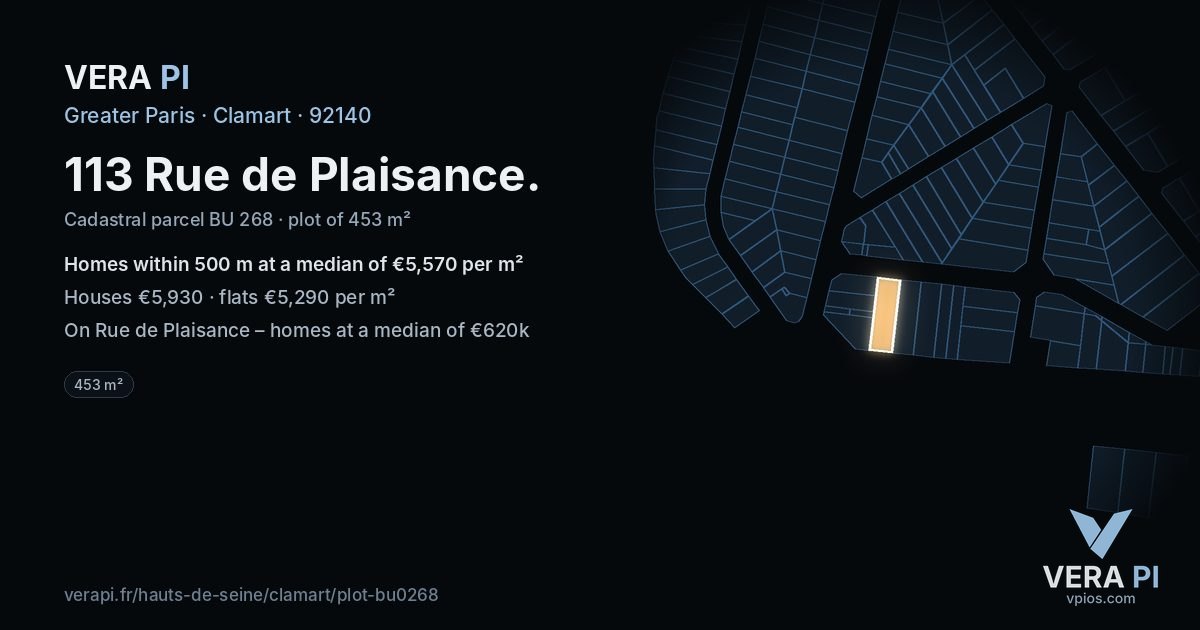 113 Rue de Plaisance, Clamart at night – the plot lit, the parcels around coloured by the prices near them
