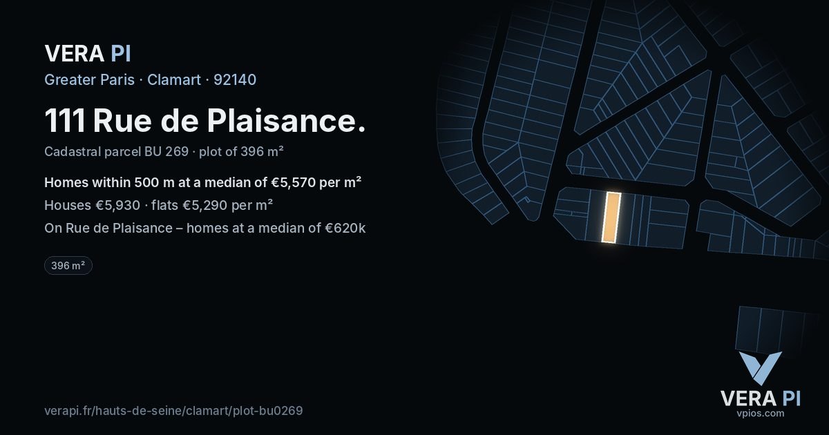 111 Rue de Plaisance, Clamart at night – the plot lit, the parcels around coloured by the prices near them