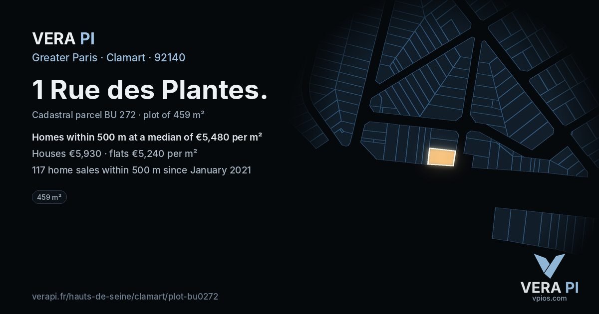 1 Rue des Plantes, Clamart at night – the plot lit, the parcels around coloured by the prices near them