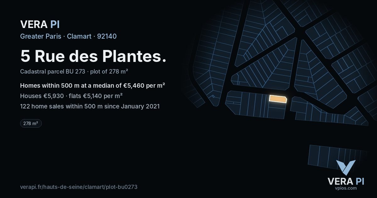5 Rue des Plantes, Clamart at night – the plot lit, the parcels around coloured by the prices near them