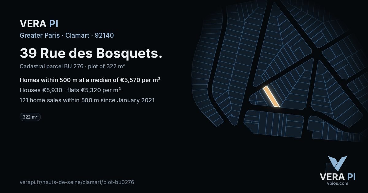 39 Rue des Bosquets, Clamart at night – the plot lit, the parcels around coloured by the prices near them