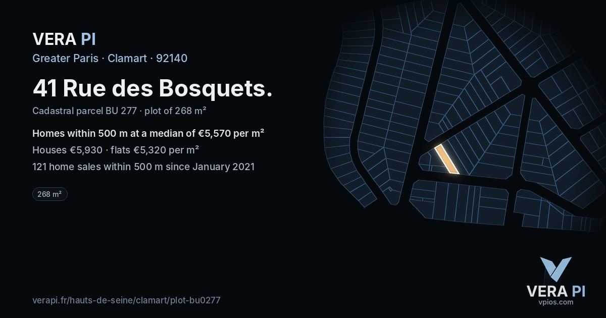 41 Rue des Bosquets, Clamart at night – the plot lit, the parcels around coloured by the prices near them