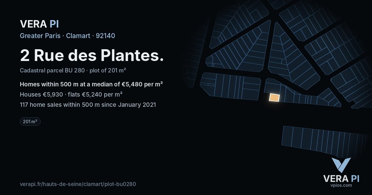 2 Rue des Plantes, Clamart at night – the plot lit, the parcels around coloured by the prices near them