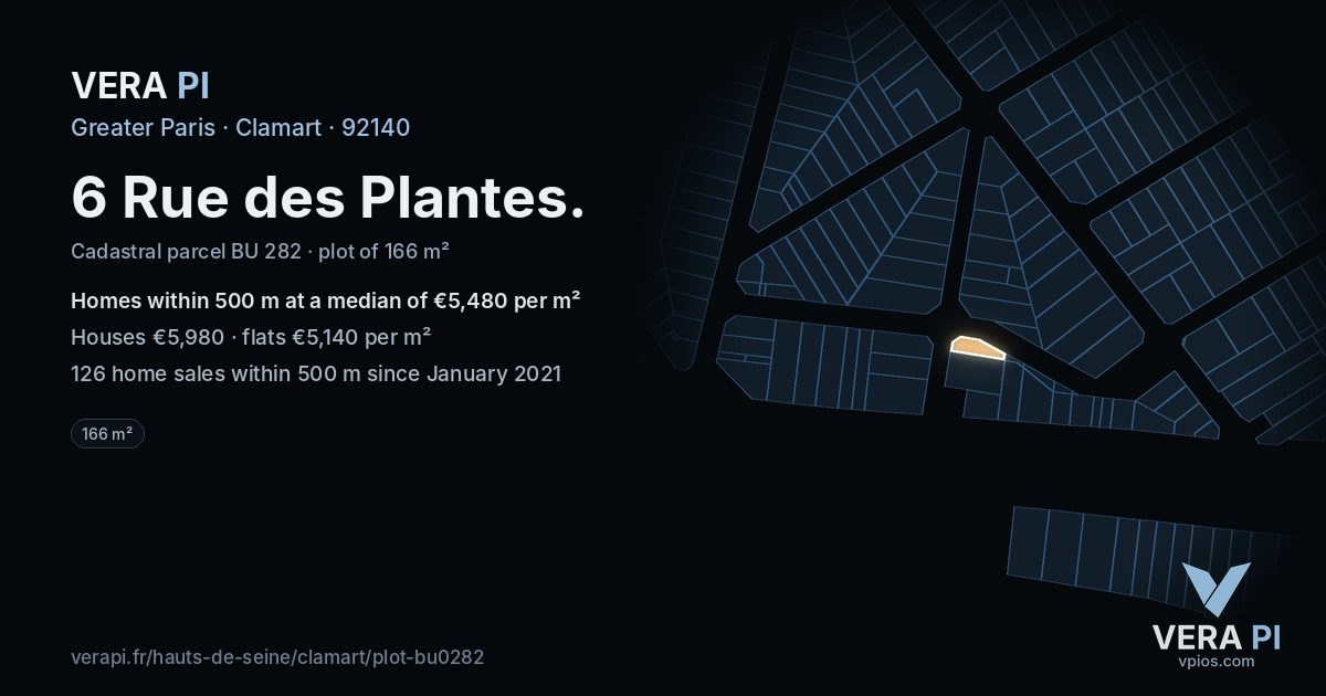 6 Rue des Plantes, Clamart at night – the plot lit, the parcels around coloured by the prices near them