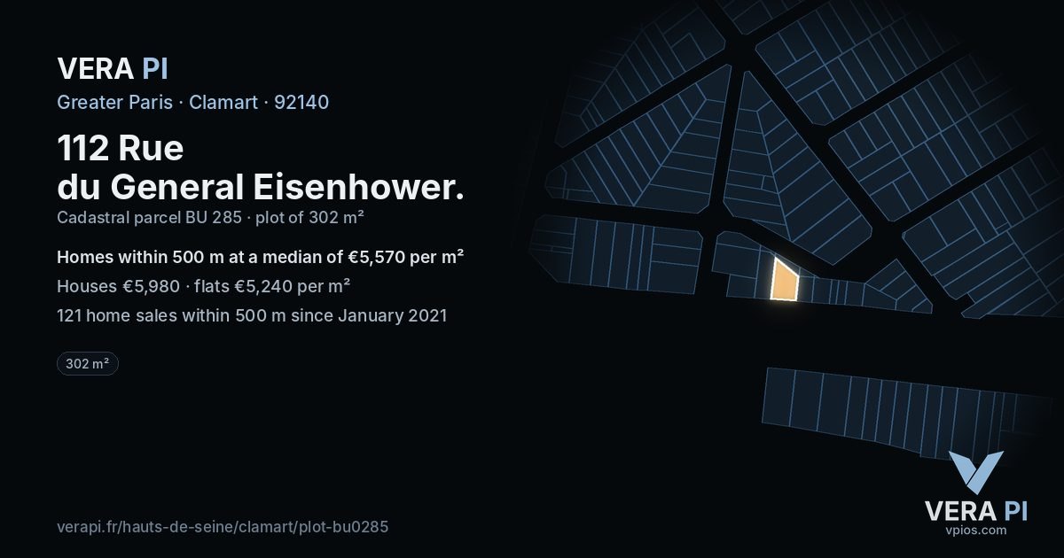 112 Rue du General Eisenhower, Clamart at night – the plot lit, the parcels around coloured by the prices near them