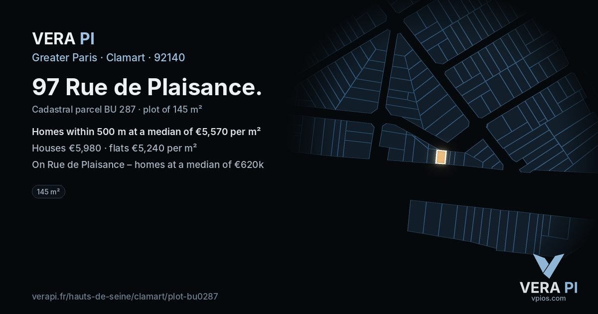 97 Rue de Plaisance, Clamart at night – the plot lit, the parcels around coloured by the prices near them