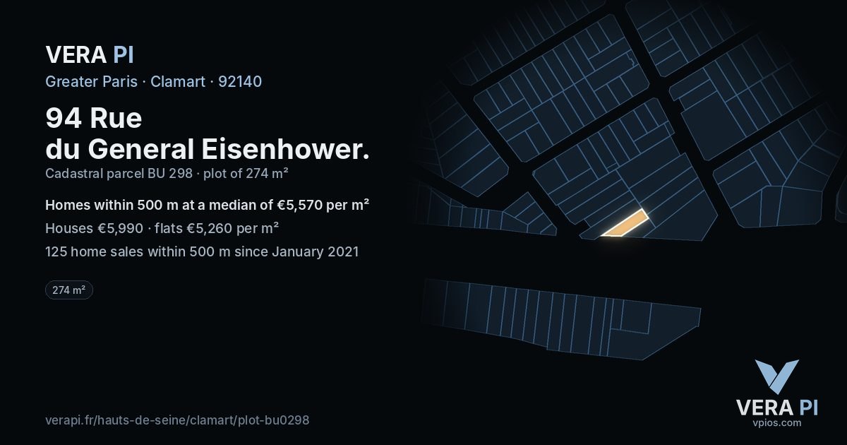94 Rue du General Eisenhower, Clamart at night – the plot lit, the parcels around coloured by the prices near them