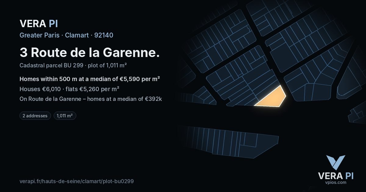 3 Route de la Garenne, Clamart at night – the plot lit, the parcels around coloured by the prices near them