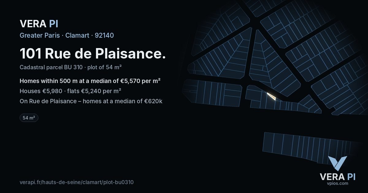 101 Rue de Plaisance, Clamart at night – the plot lit, the parcels around coloured by the prices near them