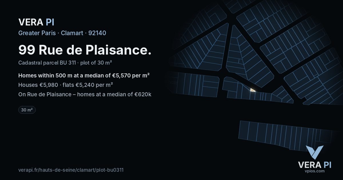 99 Rue de Plaisance, Clamart at night – the plot lit, the parcels around coloured by the prices near them