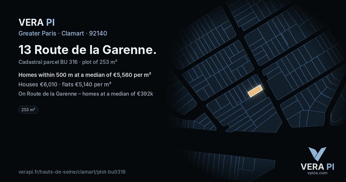 13 Route de la Garenne, Clamart at night – the plot lit, the parcels around coloured by the prices near them