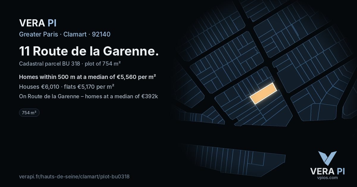 11 Route de la Garenne, Clamart at night – the plot lit, the parcels around coloured by the prices near them