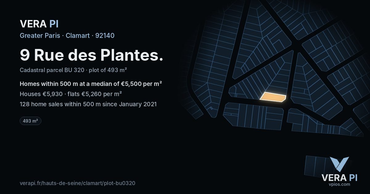 9 Rue des Plantes, Clamart at night – the plot lit, the parcels around coloured by the prices near them