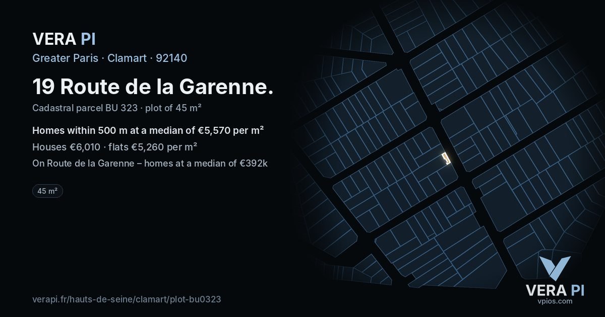 19 Route de la Garenne, Clamart at night – the plot lit, the parcels around coloured by the prices near them