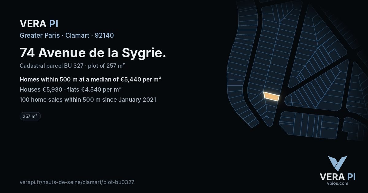74 Avenue de la Sygrie, Clamart at night – the plot lit, the parcels around coloured by the prices near them