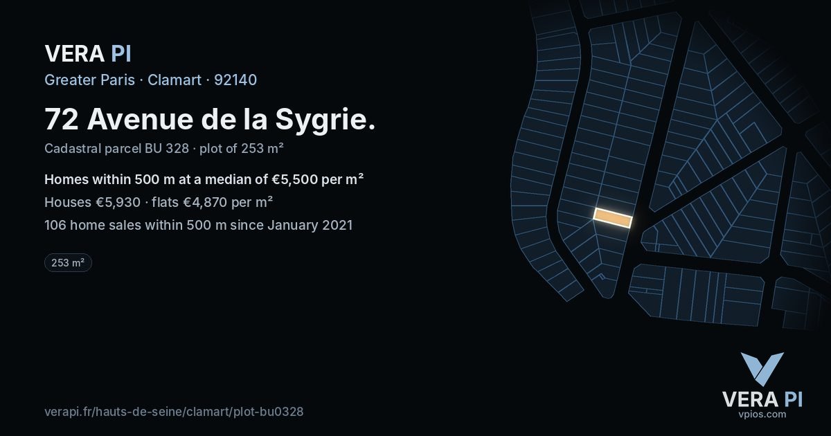 72 Avenue de la Sygrie, Clamart at night – the plot lit, the parcels around coloured by the prices near them