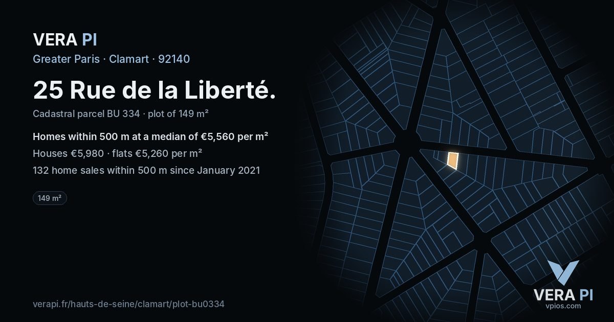 25 Rue de la Liberté, Clamart at night – the plot lit, the parcels around coloured by the prices near them