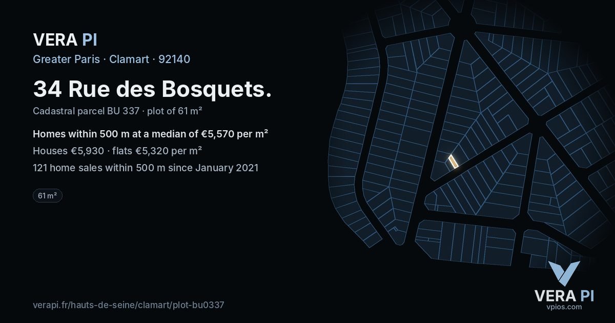 34 Rue des Bosquets, Clamart at night – the plot lit, the parcels around coloured by the prices near them