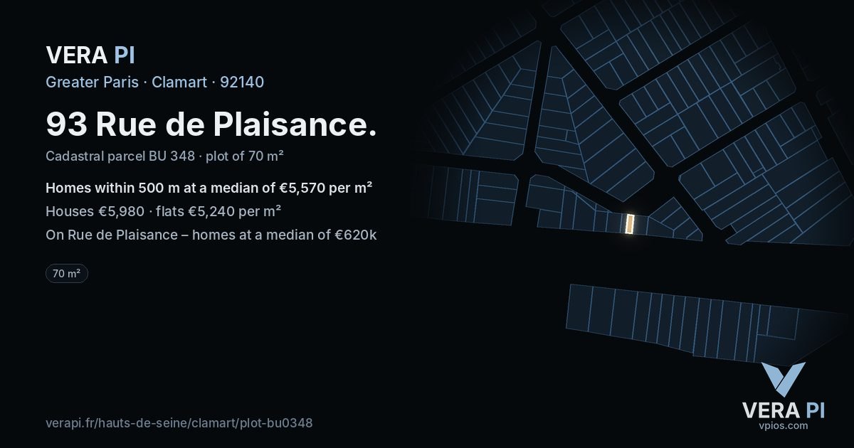93 Rue de Plaisance, Clamart at night – the plot lit, the parcels around coloured by the prices near them