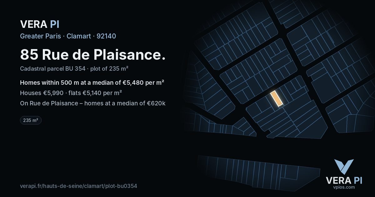 85 Rue de Plaisance, Clamart at night – the plot lit, the parcels around coloured by the prices near them